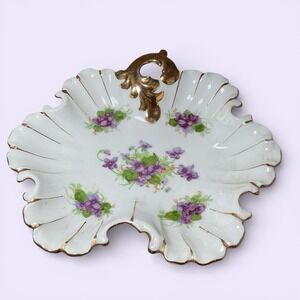 LEFTON CHINA FLORAL Violet LEAF SHAPED GOLD Trim Hand Painted Candy Dish Plate